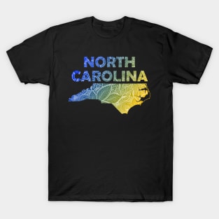 Colorful mandala art map of North Carolina with text in blue and yellow T-Shirt